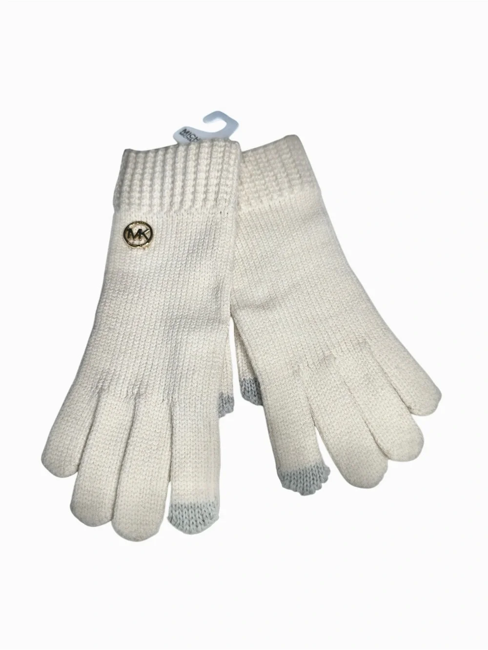 Michael Kors Ivory Tech Touch Knit Gloves Gold Logo NWT